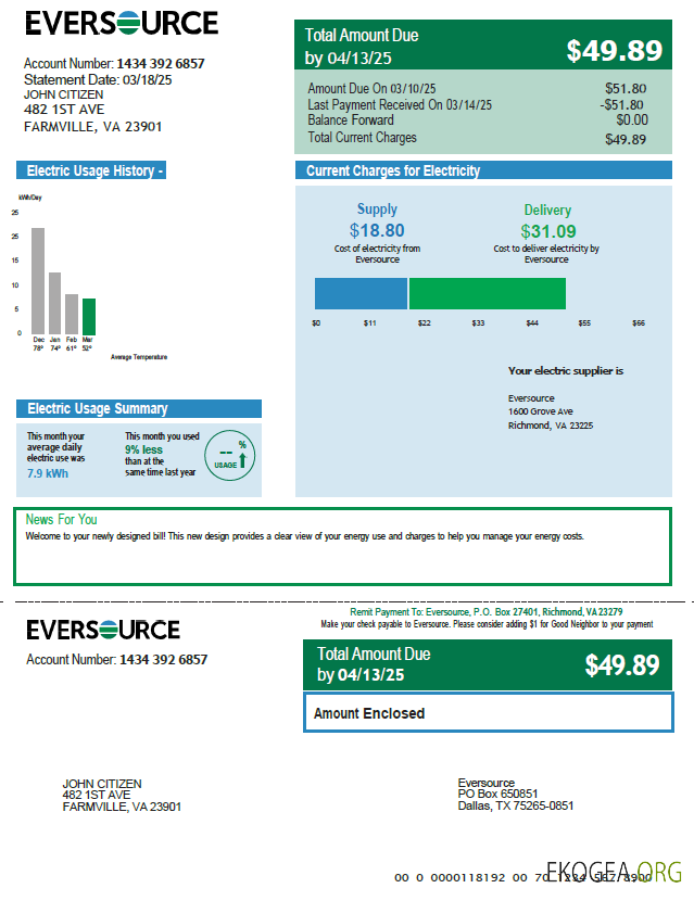 USA Eversource utility bill template in Word and PDF formats, version 2